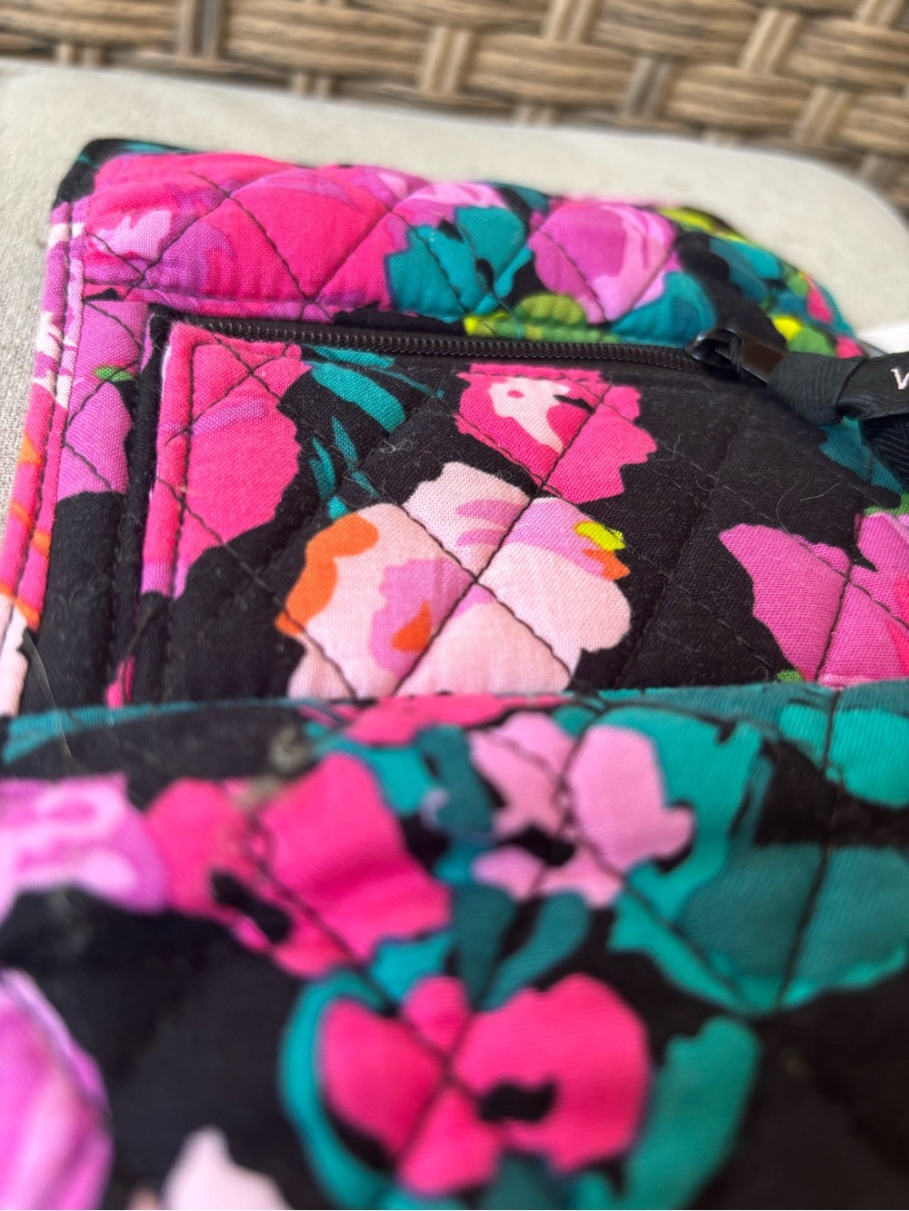 Vera Bradley Quilted Floral Trifold Wallet - Black, Hot Pink & Teal - Picture 7 of 11